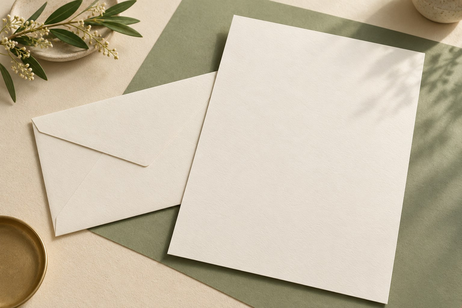 Blankes Briefpapier und Umschlag auf einem warmen Schreibtisch