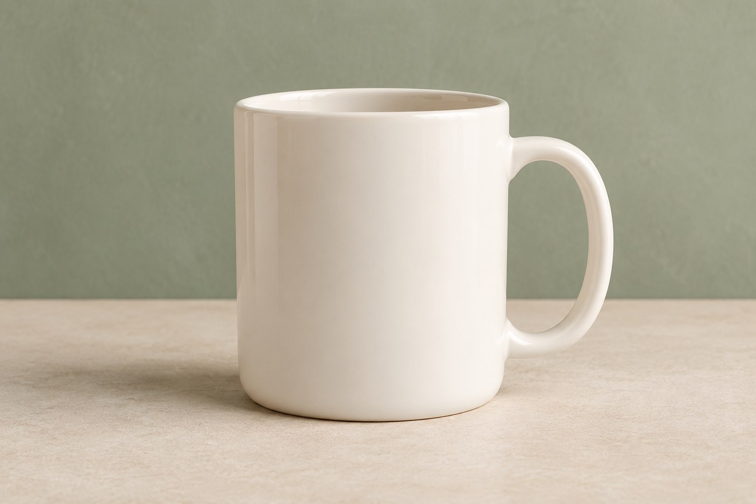 Helle Keramiktasse vor einem salbeigrünen Hintergrund