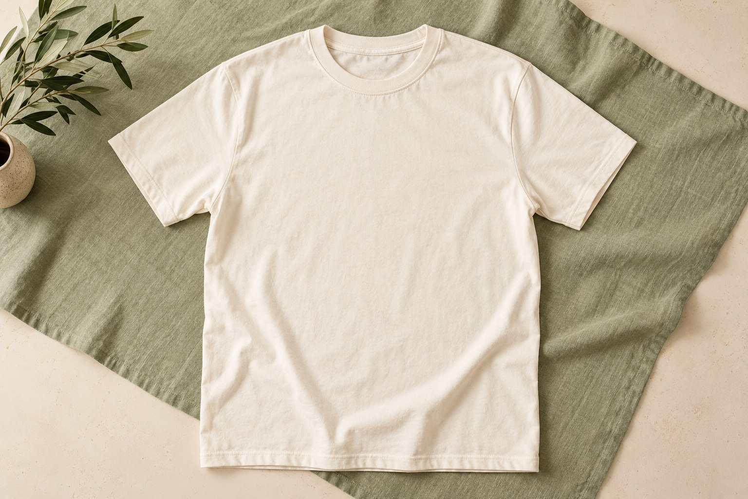 Helles Baumwoll-T-Shirt auf einem salbeigrünen Hintergrund