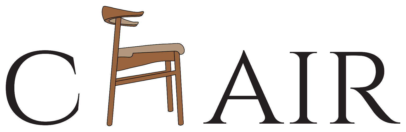 Finales CHAIR-Logo mit eleganter Serifenschrift und farbigem Stuhl als H