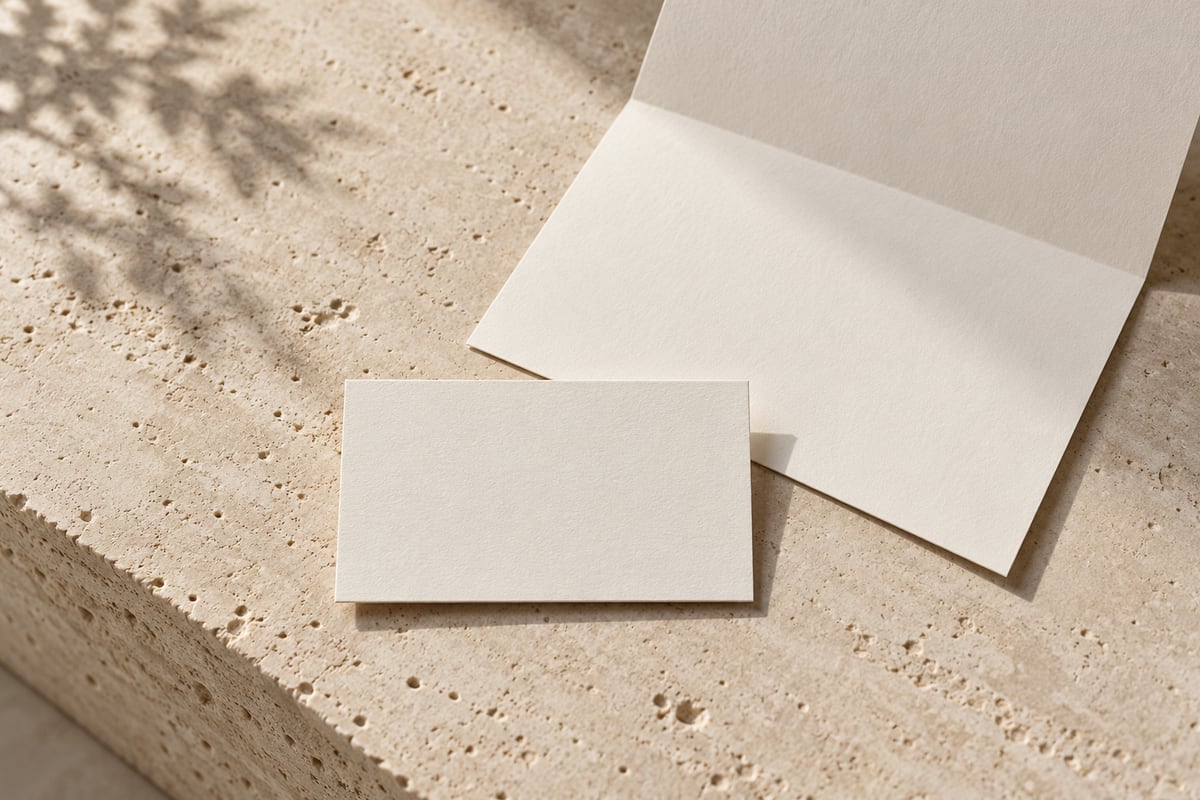 Cremefarbenes Briefpapier und eine leere Visitenkarte auf hellem Stein