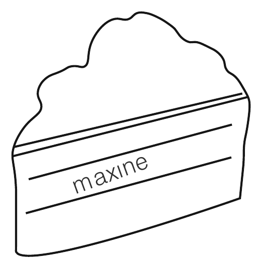 Erste schwarz gezeichnete Skizze eines Kuchenstücks mit dem Namen Maxine