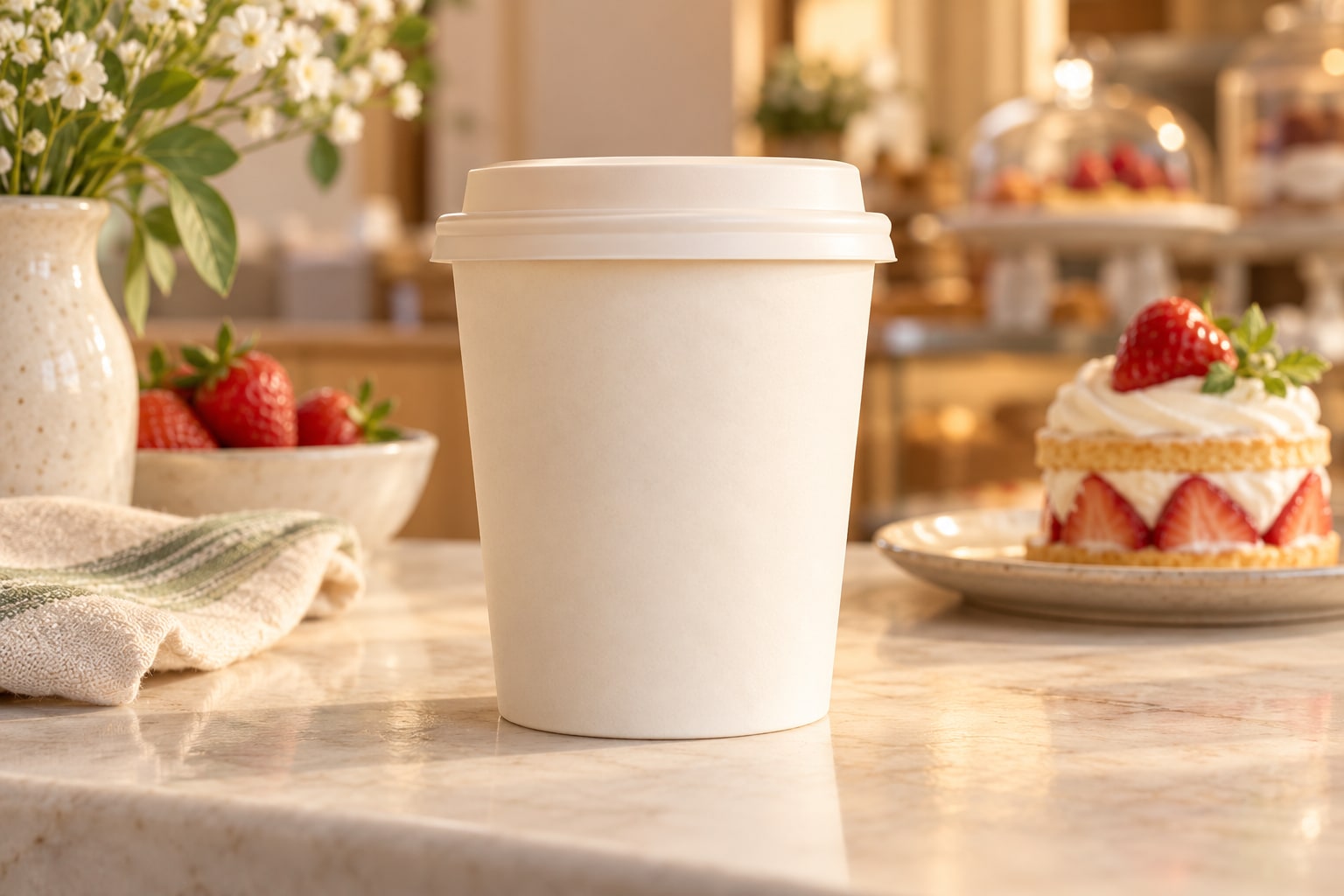 To-go-Becher mit dem Maxine-Kuchenlogo vor einer Erdbeertorte
