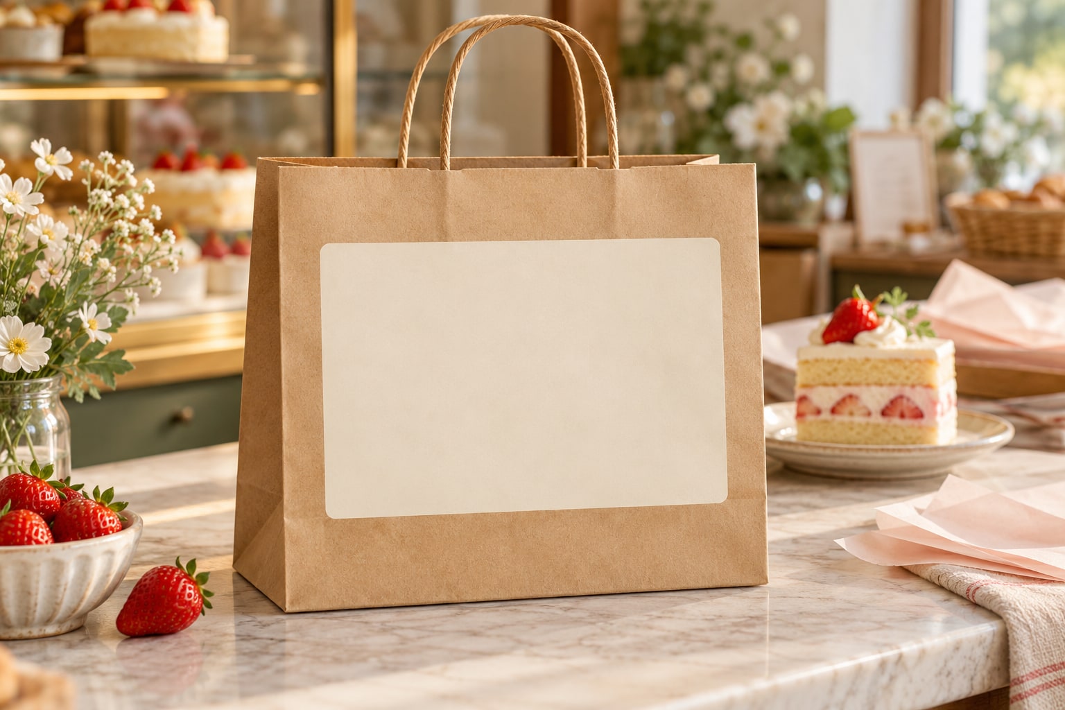 Papiertasche mit dem Maxine-Kuchenlogo auf dem Etikett
