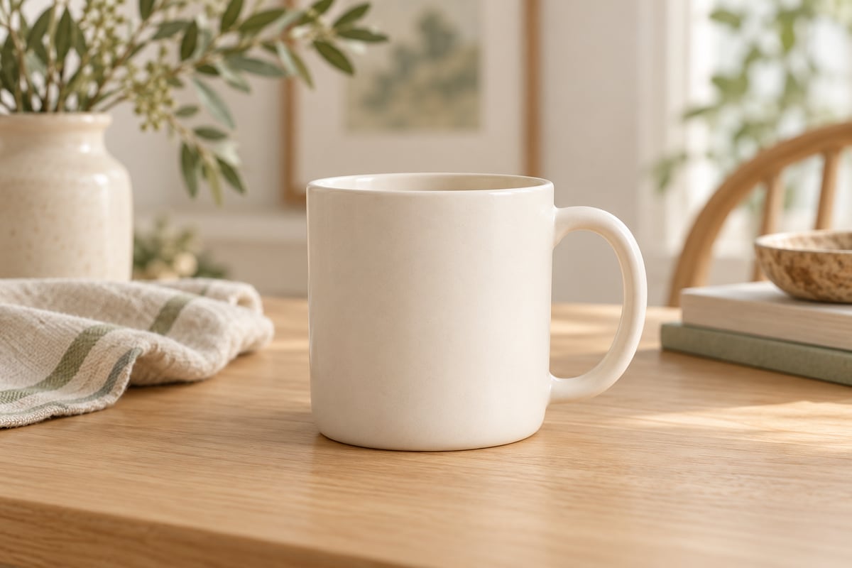 Helle Keramiktasse mit freier Fläche für das Toka-Maskottchen
